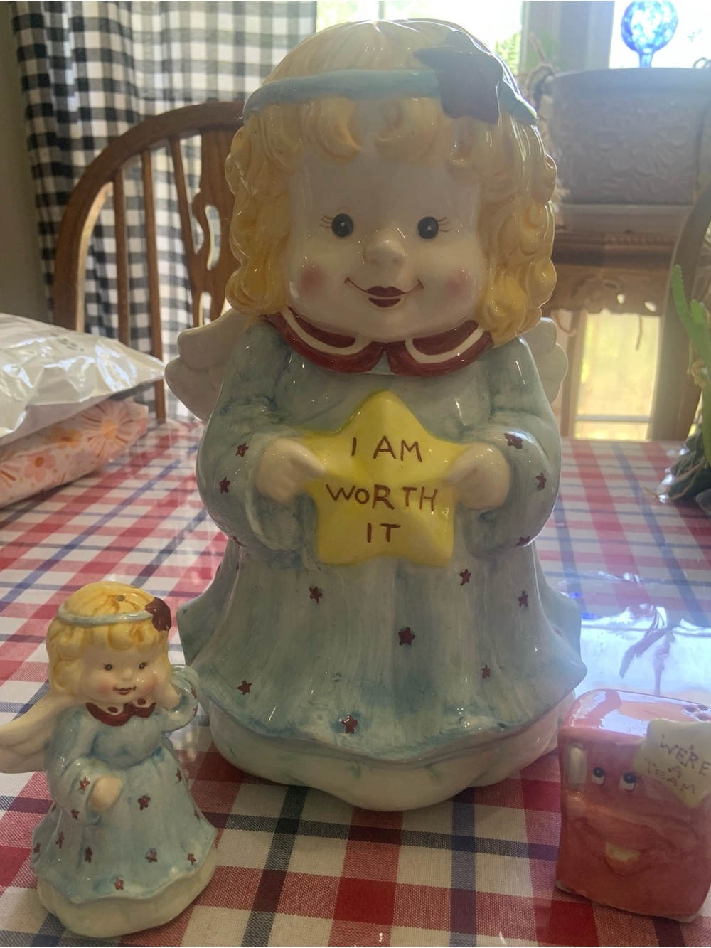 Richard Simmons “ I Am Worth it” ceramic Angel cookie jar/salt & pepper shakers